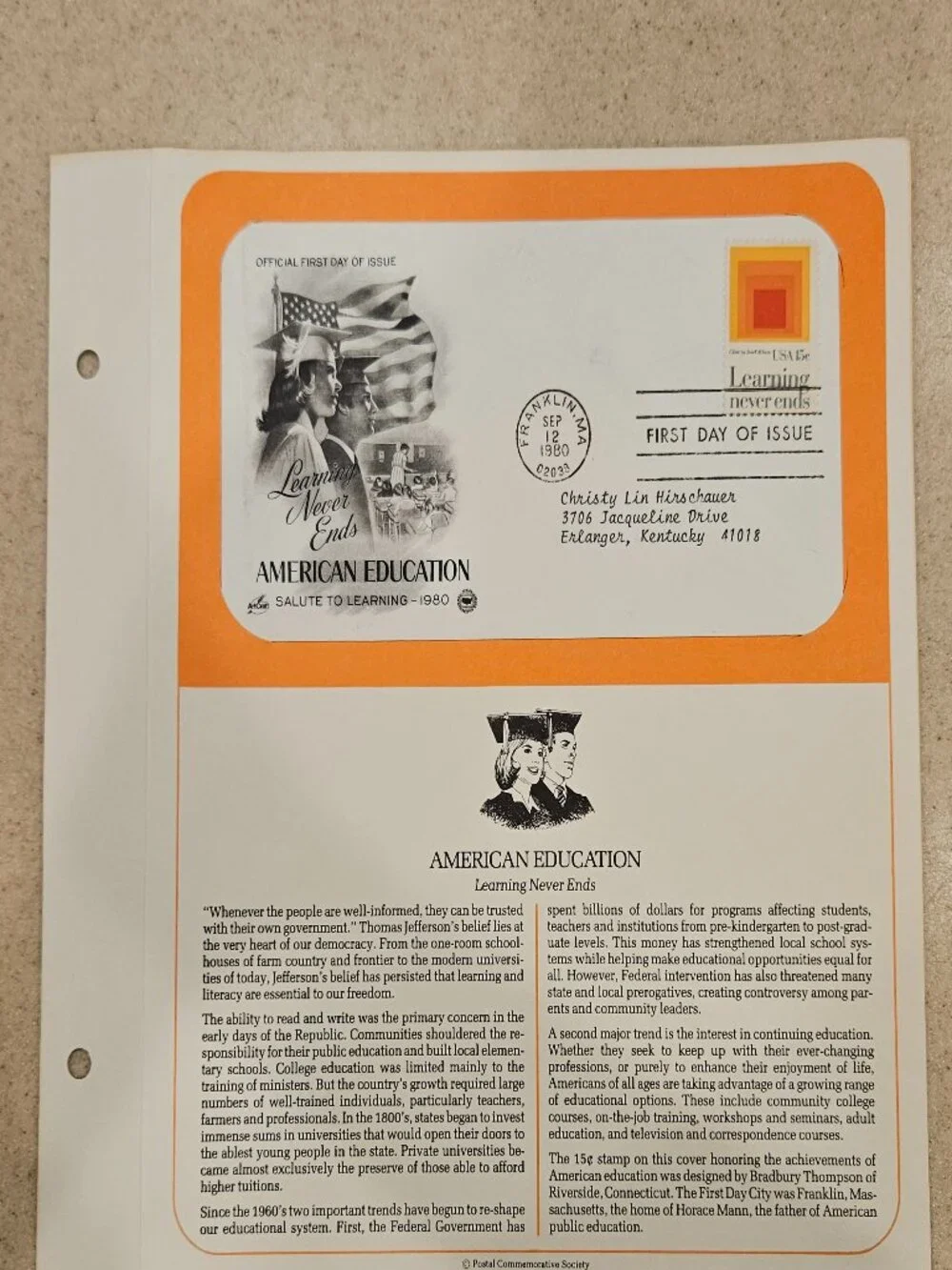 RARE COLLECTIBLE USPS 1ST DAY ISSUE AMERICAN EDUCATION LEARNING NEVER ENDS STAMP